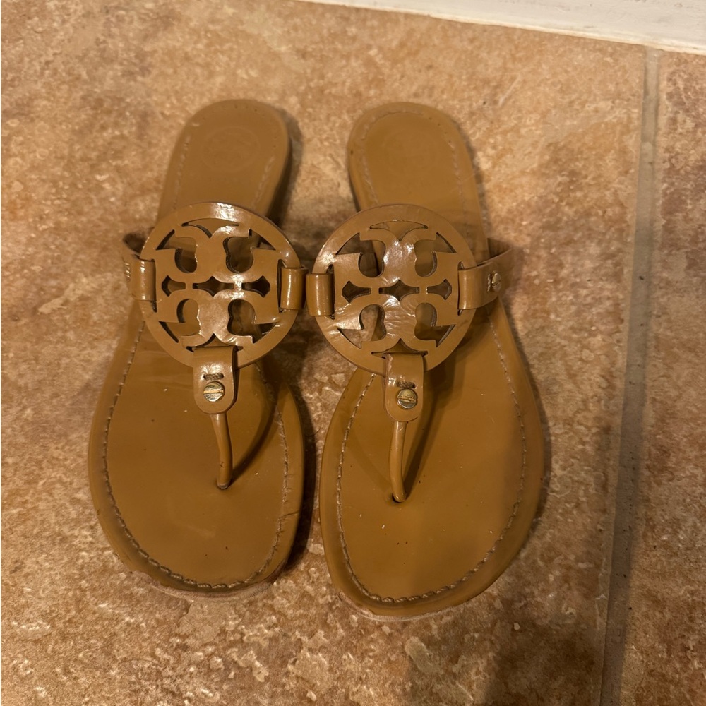 Tory Burch Tan Cutout Logo Leather Sandals